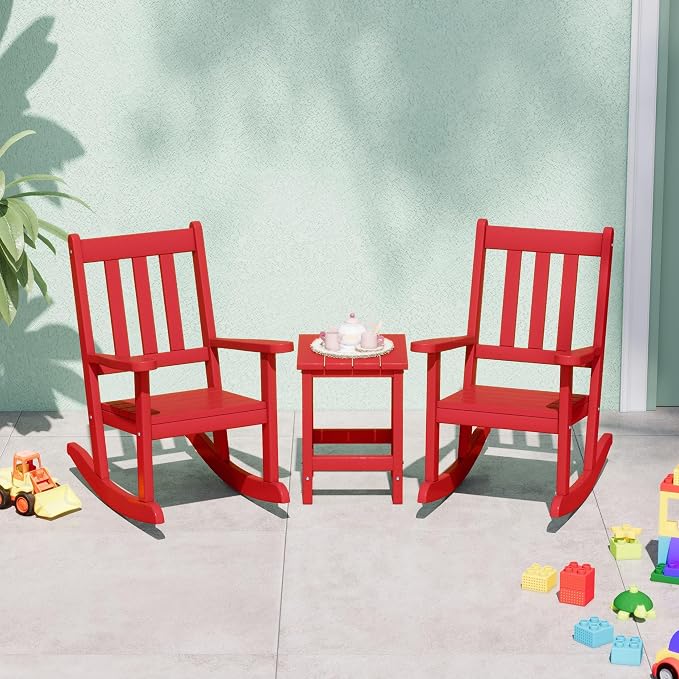 Costaelm Paradise Kids 3-Piece Outdoor HDPE Plastic Square Side Table and Rocking Chairs Set, Red
