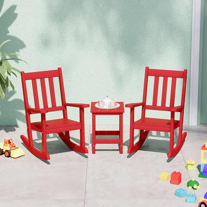 Costaelm Paradise Kids 3-Piece Outdoor HDPE Plastic Square Side Table and Rocking Chairs Set, Red