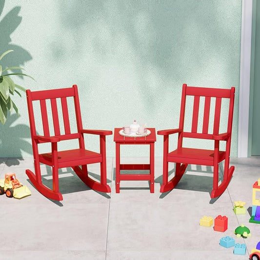 Costaelm Paradise Kids 3-Piece Outdoor HDPE Plastic Square Side Table and Rocking Chairs Set, Red
