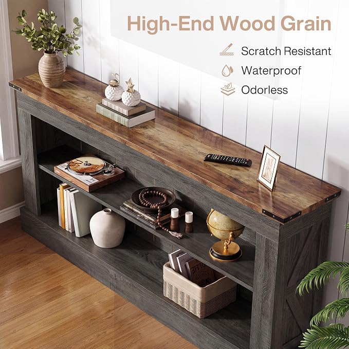 Tribesigns 63-Inch Long Console Table for Entryway, Narrow Long Entry Table with Shelves for Living Room, Farmhouse Sofa Console Behind Couch, for Foyer, Hallway, Gray and Brown