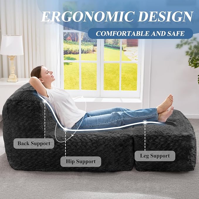 Hobestluk Giant Memory Foam Bean Bag Chairs Sofa for Adults (Black,Large) | Soft Fabric,Ergonomic Back Support,Lightweight,Easy Clean,No Assembly,Wear-resisting,For Livingroom Guest room