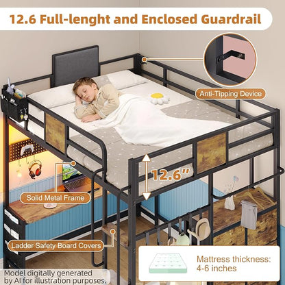 Dnxao Full Size Loft Bed with Desk, Heavy Duty Metal Bed Frame for Teens Adults, 6 Storage Drawers, Power Outlet with Type-C, LED Lights, Integrated Study Workstation for Small Room, Rustic Brown