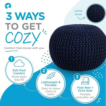 BIRDROCK HOME Round Pouf Ottoman Foot Rest - 18.5”x18.5”x15” Boho Compact Comfortable Soft Cotton Braided Foot Stool with Bean Bag Filling for Living Room, Bedroom, or Nursery (Navy)