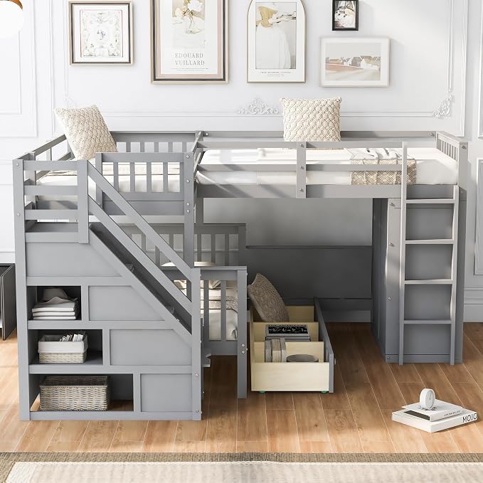 L-Shaped Bunk Bed for 4 Kids, Twin-Twin Over Full with 3 Drawers, Portable Desk and Wardrobe, Solid Wood Bedframe with Stairs and Full-Length Guardrails, No Box Spring Needed (Gray)
