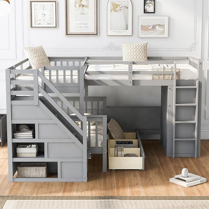 L-Shaped Bunk Bed for 4 Kids, Twin-Twin Over Full with 3 Drawers, Portable Desk and Wardrobe, Solid Wood Bedframe with Stairs and Full-Length Guardrails, No Box Spring Needed (Gray)