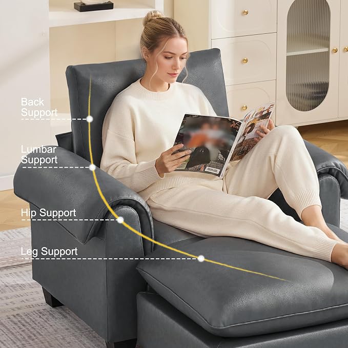44.5" Faux Leather Single Sofa with Movable Ottoman, Oversized Accent Chair with Curved Armrests, Cloud Modern Sofa Upholstered Reading Lounge Armchair for Living Room, Bedroom，Grey