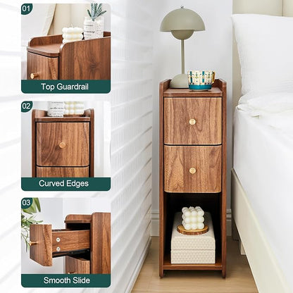 Narrow End Table Bedroom, Wooden Small 2 Drawer Nightstand, Thin Couch Side End Table, Skinny Bedside Table Small Spaces, Mid Century Modern Night Stand with Drawers (Walnut-1 pc)