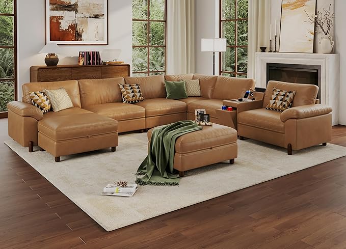 SITJOY Large Cloud Couch, 138" Wide 6 Seater V Shaped with Console, Brown | Pet-Friendly Scratch-Resistant Leather Sectional Sofas for Living Room, Deep Seat Wide Couch with Chaise, Storage Ottoman