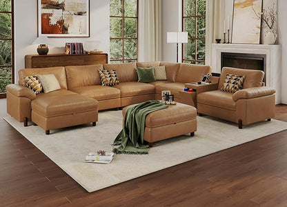 SITJOY Large Cloud Couch, 138" Wide 6 Seater V Shaped with Console, Brown | Pet-Friendly Scratch-Resistant Leather Sectional Sofas for Living Room, Deep Seat Wide Couch with Chaise, Storage Ottoman