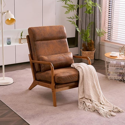 Karl home Accent Chair High Back Mid-Century Modern, Brown | Bronzing Cloth Upholstered, Walnut Color Solid Rubber Wood Frame, Soft Cushion with Pillow, For Living Room, Bedroom, Balcony
