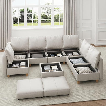 EASE MOOSE Leather Sectional Couch Sofa with Storage,U Shaped Faux Leather Modualr Sectional Modular Sofa,Whitesand