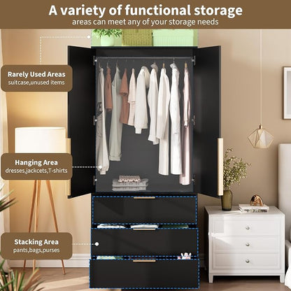 Garvee 70" Wardrobe Armoire Wooden Closet with 2 Doors and 3 Drawers, Bedroom Armoire with Hanging Rod Shelf, Large Capacity Storage Wardrobe Armoire, Freestanding Wooden Closet Storage Cabinet