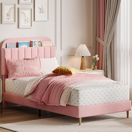 GarveeHome Twin Bed Frame with Storage Headboard, Velvet Upholstered Platform Bedframe for Kids, Girl Bed, Strong Wooden Slats, Noise-Free, Easy Assembly, No Box Spring Needed, Pink