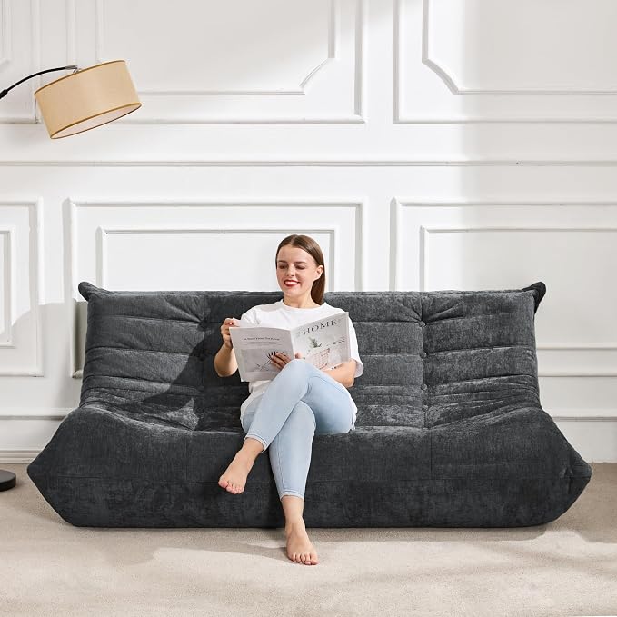 Hobestluk Giant Bean Bag Chair Faux Fur BeanBag Couch for Living Room | Darkgrey Chenille, 3-Seater,Ergonomic Design,Memory Foam,Anti-slip Bottom,No Assembly,Decorative Style for Living Room