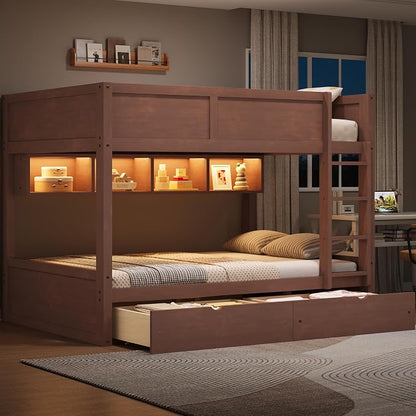 Wood Bunk Bed Full XL over Full XL Size with Built-in Storage Cabinets, 2 Drawers and LED Light, Versatile Bunk Bed Frame with Ladder and Guardrail for Kids Teens Adult, Maximize Space (Brown-1.13)