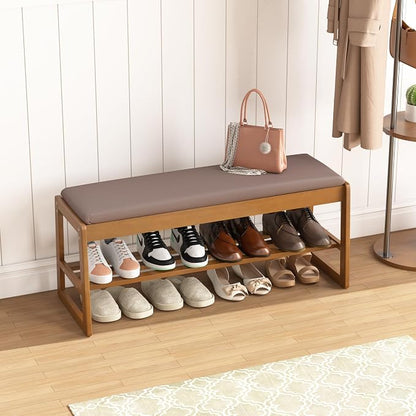 Shoe Storage Bench with Cushion - 2-Tier Shoe Rack Entryway Bench with Flip-Top Storage, Walnut Wooden Shoes Benches Organizer for Entryway, Hallway, Living Room, Bedroom, Closet(Walnut, 39.4" W)