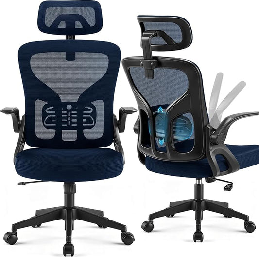 Office Chair Ergonomic Desk Chair with Adjustable Headrest Lumbar Support, High Back Breathable Mesh Chair with 120° Tilt & Flip-Up Armrests, Swivel Comfy Task Computer Chair for Work, Study