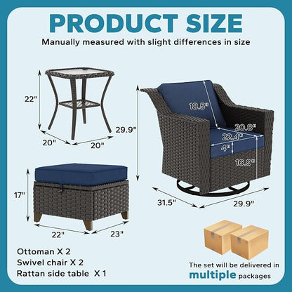 MeetLeisure 5 Pieces Patio Conversation Furniture Set - Swivel Chairs with Ottomans Set of 2, 1 Side Table, Outdoor Wicker Furniture Set with Washable Cushions for Porch, Balcony, Sunroom (Navy Blue)