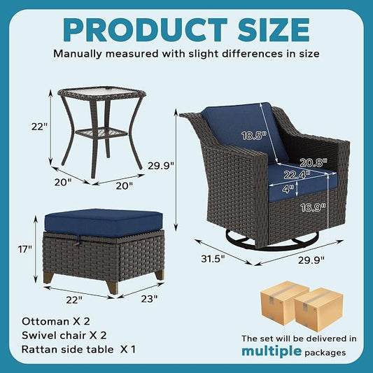 MeetLeisure 5 Pieces Patio Conversation Furniture Set - Swivel Chairs with Ottomans Set of 2, 1 Side Table, Outdoor Wicker Furniture Set with Washable Cushions for Porch, Balcony, Sunroom (Navy Blue)