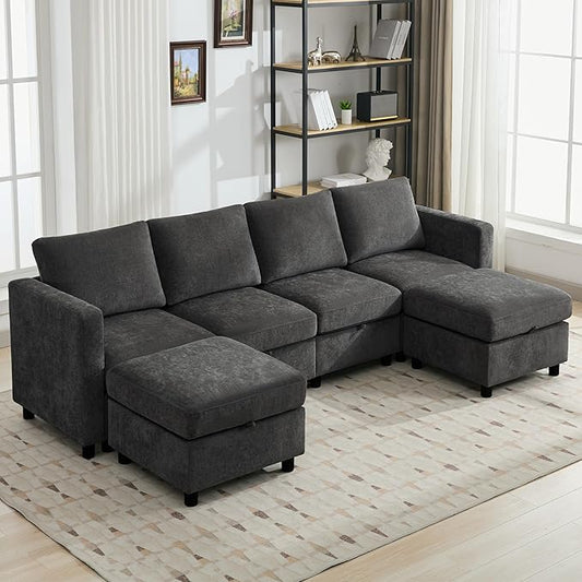 WUTUTUEE 107”Modular Sectional Sofa Convertible U Shaped Sofa Couch Set with Storage for Living Room, Modern 6 Seater Modular Sectional Couch with Movable Ottoman, Chenille(Dark Grey)