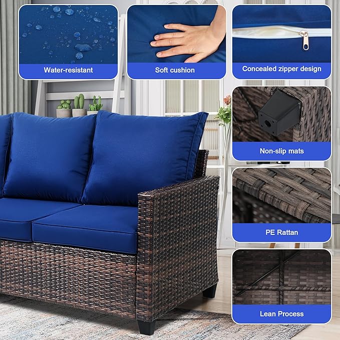 3-Seat Outdoor Sofa, PE Rattan, Blue | High Back Support,Deep Seat Comfort,All-Weather Cushions,For Patio/Garden/Deck,Modern Style