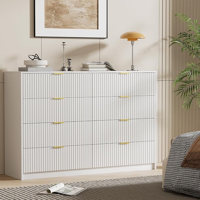 Furniway White 8 Drawer Dresser for Bedroom, Modern Dresser with Smooth Slides, Wide Chest of Drawers with Golden Handles for Bedroom, Living Room, Closet, 15.7" D x 55" W x 37.4" H