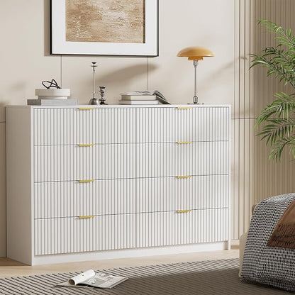 Furniway White 8 Drawer Dresser for Bedroom, Modern Dresser with Smooth Slides, Wide Chest of Drawers with Golden Handles for Bedroom, Living Room, Closet, 15.7" D x 55" W x 37.4" H
