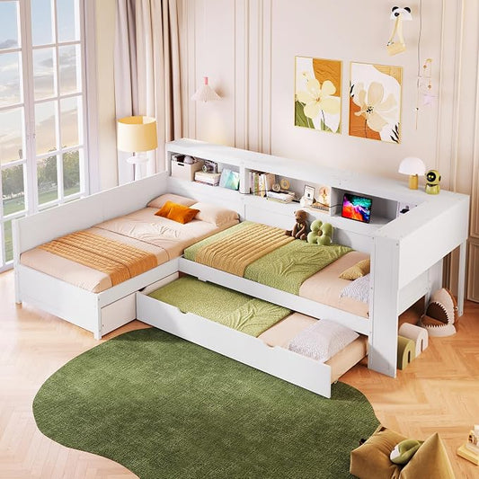 Bellemave L Shaped Corner Bed for 2 Kids, Double Twin Platform BedFrame with Trundle and 5 Storage Shelves, Charging Station, White