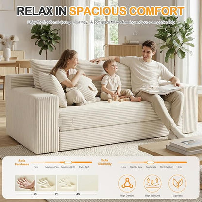 Oversize Loveseat Boneless Convertible Sofa Bed, Folding Floor Futon Sleeper Sofa Queen Size Couch Bed- Boneless Foldable Couch, Corduroy Pull Out Sofa Bed with 5 Pillows for Living Room & Bedroom