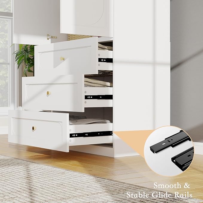 Armoire Wardrobe Closet with Drawers: 74" Tall White Wardrobe Closet with Doors, Large Bedroom Armoires for Clothes, Wood Closets for Hanging Clothes (63 in-4 Doors)