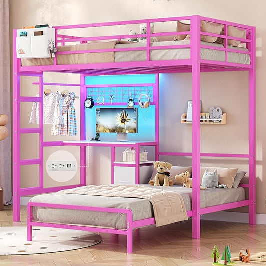 DICTAC Bunk Bed Twin Over Twin with Desk and Storage Metal L-Shaped Bunk Beds with Led Lights & Charging Station,Pink bunk Beds for Kids with Safety Guardrail and Ladder,Girls Bed,No Box Spring Needed