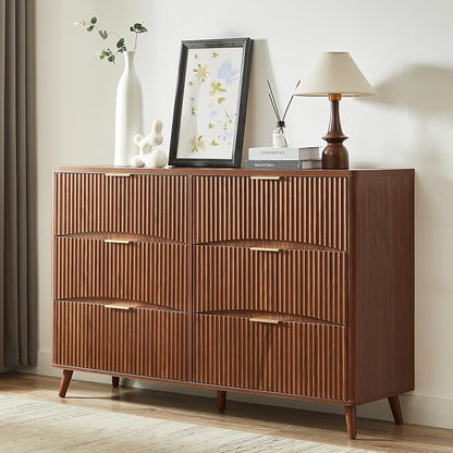 Evermagin 3-Piece Bedroom Furniture Set for Bedroom, 55" Wide Fluted 6-Drawer Dresser with 2 Nightstands, Mid-Century Modern Dresser and Nightstand Set (Walnut)
