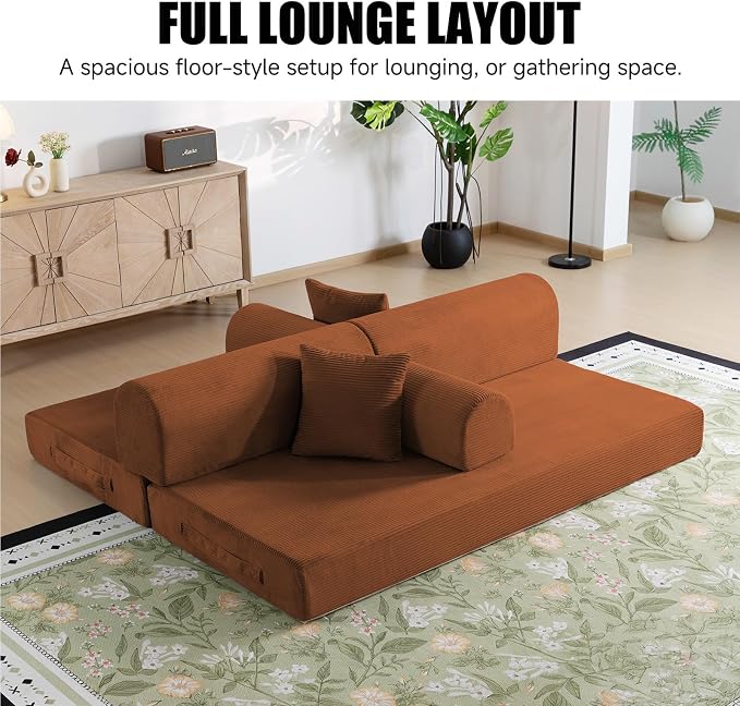 78.8" Boneless Memory Foam Couch, Corduroy Convertible Floor Sofa Bed, Fold-Out Sleeper Futon Loveseat, Wide Armrests & Supportive Back, 1200 lb, Couch in a Box, 2 Pillows, Orange