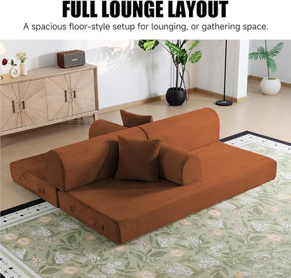 78.8" Boneless Memory Foam Couch, Corduroy Convertible Floor Sofa Bed, Fold-Out Sleeper Futon Loveseat, Wide Armrests & Supportive Back, 1200 lb, Couch in a Box, 2 Pillows, Orange