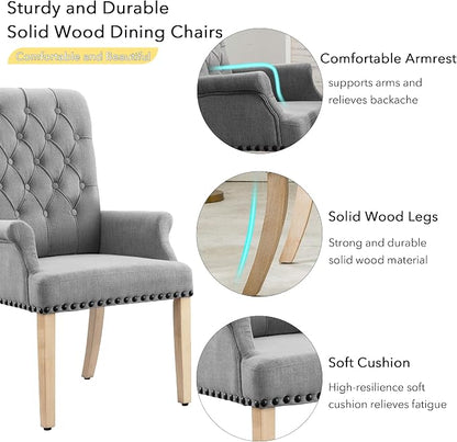 adochr Upholstered Fabric Accent Dining Chair, Elegant Tufted Club Dining Room Kitchen Room Arm Dining Chair, Light Grey