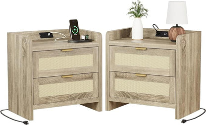 Luoxiao Nightstand Set of 2 with Charging Station - 4 Outlets & 4 USB Ports, Rattan Drawers Side Table, Boho Wood Bedside Tables End Table for Bedroom, Small Space, Easy Assembly (15.4"x23.6"x21.5")
