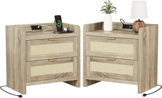 Luoxiao Nightstand Set of 2 with Charging Station - 4 Outlets & 4 USB Ports, Rattan Drawers Side Table, Boho Wood Bedside Tables End Table for Bedroom, Small Space, Easy Assembly (15.4"x23.6"x21.5")