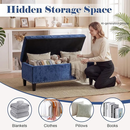 Asense 41" Storage Ottoman Bench, Faux Leather Tufted Upholstered End of Bed Bench with Safety Hinge for Bedroom,Entryway,Living Room,Drak Blue