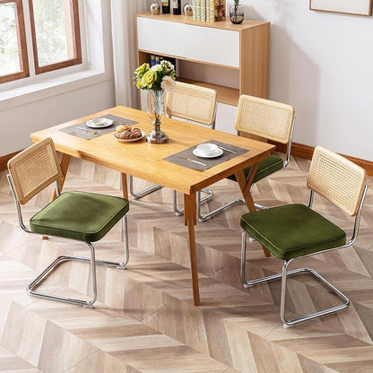 Zesthouse Natural Rattan Dining Chairs Set of 6, Olive Green Modern Kitchen Chairs with Solid Wood Back & Chrome Base, Mid Century Breuer Design Inspired, Upholstered Luxurious Velvet Fabric