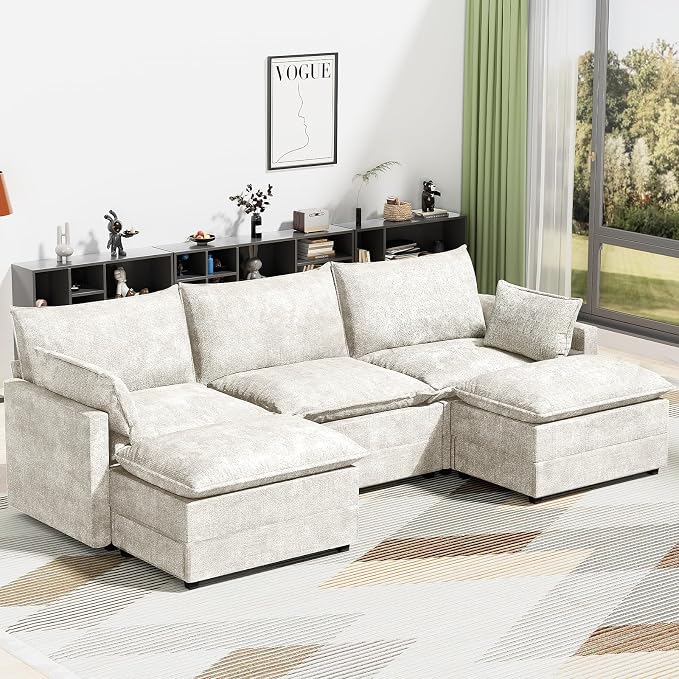 LEVELEVE 112.5" U-Shape Modular Sofa with 2 Ottomans, Deep Seat Cloud Convertible Sleeper, 2 Arm Pillows, Comfortable Upholstered Furniture for Living Room Apartment, Beige
