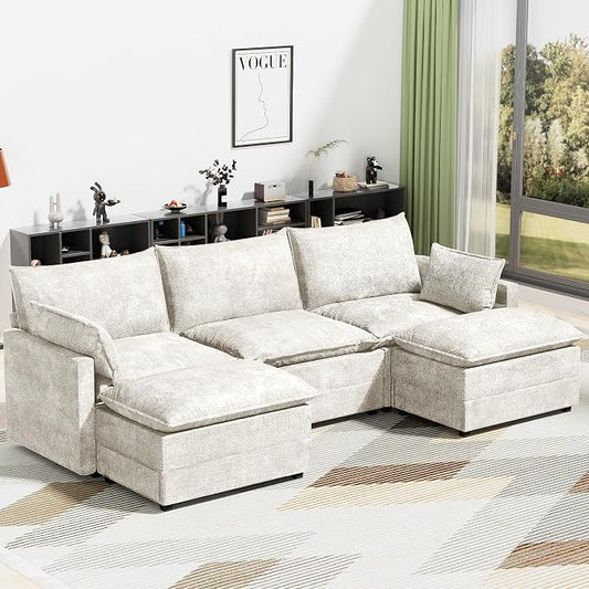 LEVELEVE 112.5" U-Shape Modular Sofa with 2 Ottomans, Deep Seat Cloud Convertible Sleeper, 2 Arm Pillows, Comfortable Upholstered Furniture for Living Room Apartment, Beige
