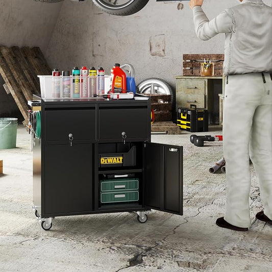 Metal Garage Storage Cabinet with Wheels, Rolling Tool Cabinet with Adjustable Shelf, 2 Drawers and 2 Doors for Tools, Garage,Workshop, Black, Assembly Required