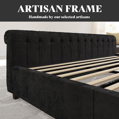 AMERLIFE California King Size Platform Bed Frame, Velvet Upholstered Sleigh Bed with Scroll Wingback Headboard & Footboard/Button Tufted/No Box Spring Required/Black