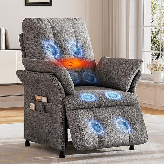 Power Recliner Chair for Adults with Heat & Massage - Linen Electric Reclining Sofa with Remote Control, 3 Side Pockets, 180° Lay Sleeper for Living Room Home Theater, Light Grey