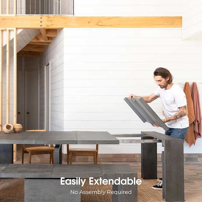 Transformer Table - Solid Wood Extendable Dining Table, Seats 2-12, Expandable Dining Room Table, Space-Saving Furniture, Kitchen and Dining Room Furniture (Dark Grey, Table + 2 Benches)