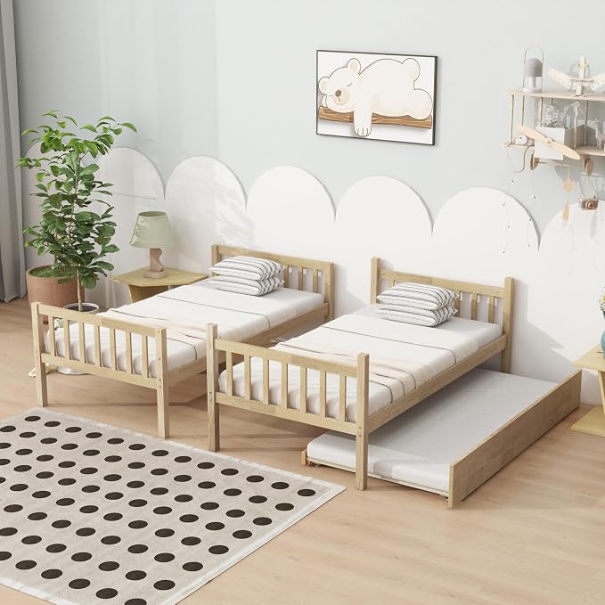 Merax Twin-Over-Twin Bunk Bed with Movable Trundle, Solid Wood Detachable Bunk Bed with Safety Guardrial and Ladder, Can be Converted Into 3 Separate Beds(Natural)