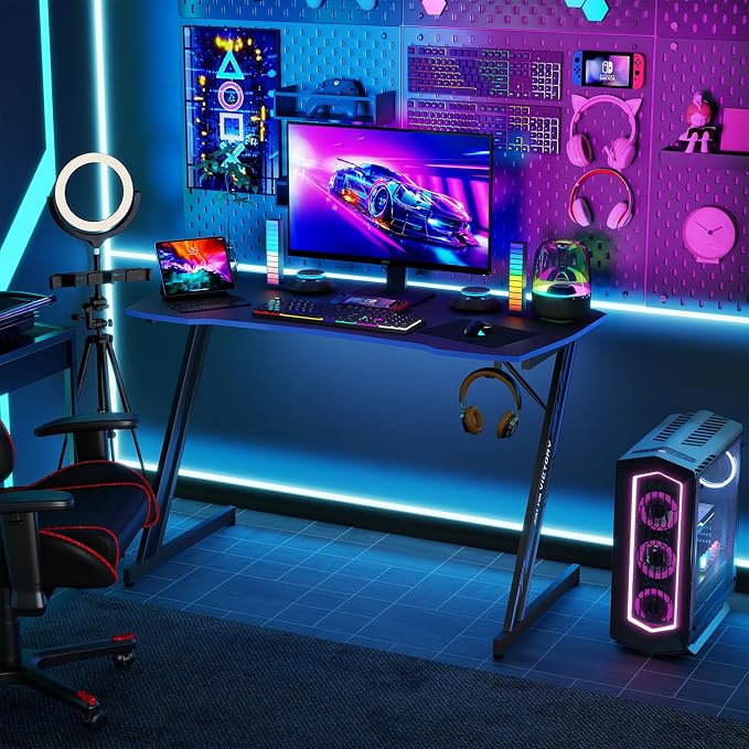 BestOffice 39" Gaming Desk Computer Gaming Desk Z Shaped Gaming Workstation Ergonomic Gaming Table with Headphone Hook for Game Players,Black&Blue
