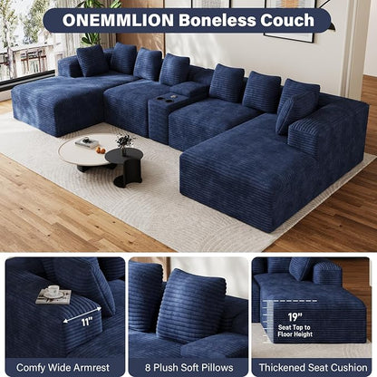 143" Oversized U Shaped Cloud Sectional Couches for Living Room, Comfy Fluffy Corduroy Blue Boneless Couch, Large Modular Sectional Sofa Set with Chaise, Cup Holder, USB Port, Storage Console