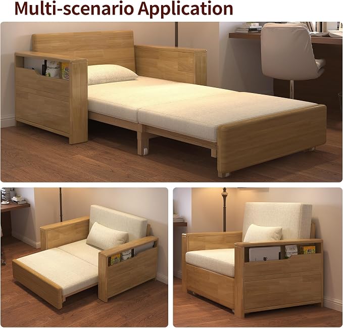 48" Natural Wood Tone Solid Wood Frame, 3-in-1 Sleeper Sofa with Storage | Solid wood sofa for living rooms, apartments & offices — single-size, it works as a guest bed to maximize small space.