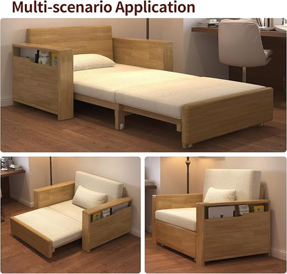 48" Natural Wood Tone Solid Wood Frame, 3-in-1 Sleeper Sofa with Storage | Solid wood sofa for living rooms, apartments & offices — single-size, it works as a guest bed to maximize small space.